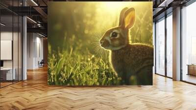   A close-up image of a rabbit in a field of green grass with sunlight filtering through tall trees behind it Wall mural