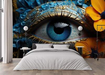  a close up of a blue eye with yellow flowers around it.  generative ai Wall mural