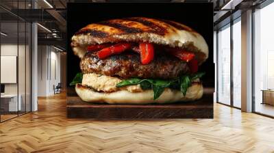   A close-up of a burger with meat and vegetables on a wooden table against a black background Wall mural