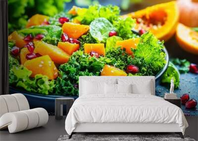   A close-up of a colorful bowl filled with broccoli, juicy oranges, and ripe pomegranates Wall mural