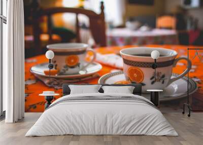  a close up of a cup of coffee on a plate on a table with a plate with an orange slice on it. Wall mural