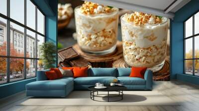   A close-up of a dessert in a glass on a wooden stand, with cookies and marshmallows nearby Wall mural