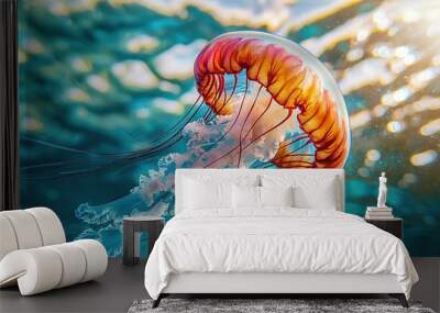   A close-up of a jellyfish in water with sunlight shining on top Wall mural