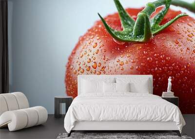   A close-up of a juicy red tomato with droplets of water on its stem, set against a serene blue sky Wall mural