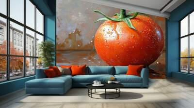   A close-up of a tomato on a surface with water drops and a wall in the background Wall mural