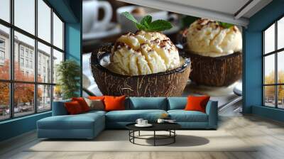   A close-up of two desserts on a plate, with spoons, and a cup of coffee in the background Wall mural