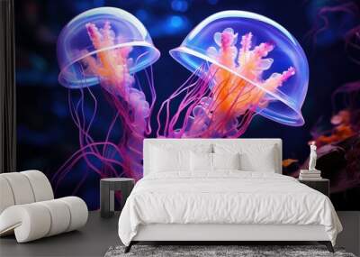  a close up of two jellyfish in a tank with blue and pink lights in the background and a black background.  generative ai Wall mural