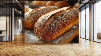   A close-up of two loaves of bread on a wooden table with other bread in the background Wall mural