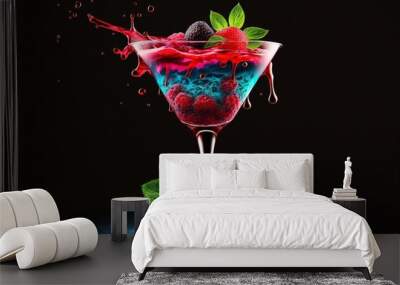  a colorful drink with berries and mints on a black background with a splash of paint on it and a green leaf on the rim.  generative ai Wall mural