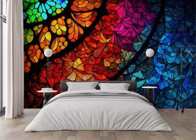  a colorful stained glass window with a rainbow pattern on it's side and a black frame around the window and bottom of the glass is a rainbow pattern of leaves and a black border. Generative AI Wall mural