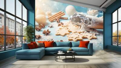  a cookie cutter sitting on top of a table covered in icing next to cinnamons and star shaped cookies. Wall mural