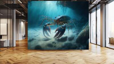  a couple of crabs swimming in a body of water next to rocks and rocks under water with sunlight coming through the water's surface and a light shining on the ground below them,. Generative AI Wall mural