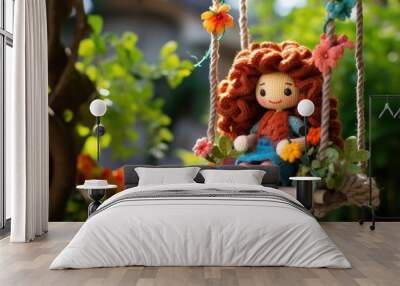  a crocheted doll is sitting on a swing with flowers on the tree and a house in the background. Wall mural