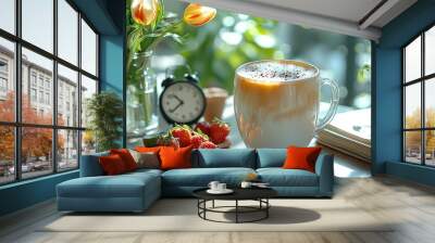   A cup of coffee sits atop a wooden table, beside a vase with flowers and a clock Wall mural