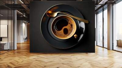  a cup of coffee with a spoon on a plate with a spoon rest on it and a spoon resting on the cup's edge of the cup, on a black surface with a black surface. Generative AI Wall mural