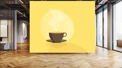  a cup of coffee with steam rising out of the top on a saucer on a yellow background with a shadow of a light bulb.  generative ai Wall mural