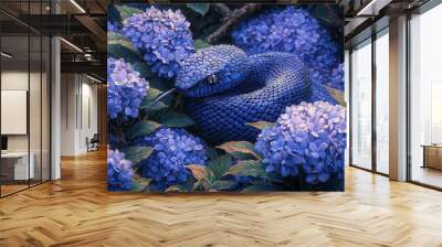   A curled up blue snake lies amidst green leaves and a bush of blue hydrangeas Wall mural