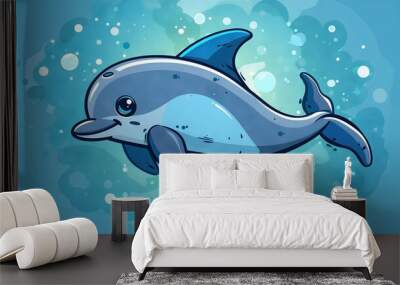   A dolphin gracefully swims through the water, its body glistening in the sunlight Its back is adorned with playful bubbles that shimmer as they catch the Wall mural