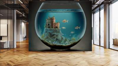  a fish bowl with a castle in the middle of the water and fish swimming around it, with a dark background and a black backdrop.  generative ai Wall mural