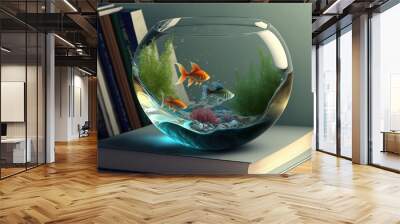  a fish in a bowl is sitting on a book and a book is on the table next to it and a book is on the table.  generative ai Wall mural