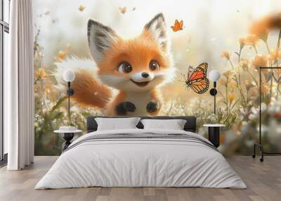   A fox standing amidst flowers under a sunny sky with a butterfly above its head is adorable Wall mural