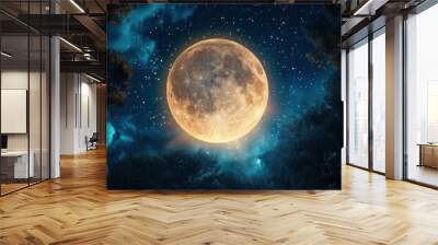  a full moon seen through the trees in the night sky with stars in the sky and in the foreground is a dark blue sky with white clouds and stars. Wall mural