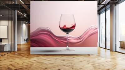  a glass of red wine sitting on top of a table next to a wave of pink and white paint on the wall.  generative ai Wall mural