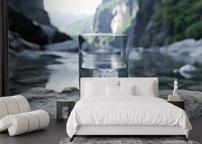  a glass of water sitting on top of a rock next to a body of water with a mountain in the back ground and a body of water in the foreground. Wall mural