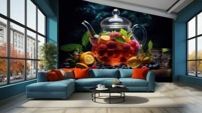  a glass tea pot filled with fruit and a cup of tea.  generative ai Wall mural