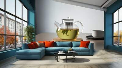  a glass teapot with a tea in it on a wooden tray.  generative ai Wall mural