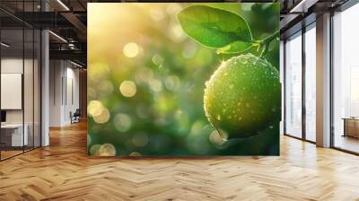   A green apple on a tree branch with water droplets on the leaves and sunlight in the backdrop is captured in this close-up image Wall mural