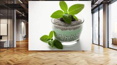  a green plant is growing out of a small bowl of pudding with a mint sprig on top of the pudding and a sprig of mint on the side.  generative ai Wall mural