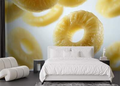   A group of fruits arranged on a white countertop beside a white surface Wall mural