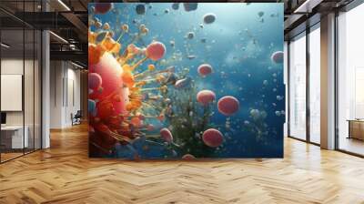  a group of red and yellow sea urchins floating in the water with bubbles on the bottom of them. Wall mural