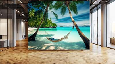  a hammock hanging between two palm trees on a tropical beach with clear blue water and a sandy shore with a rock formation in the background.  generative ai Wall mural