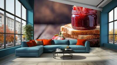   A jar of strawberry jam sits atop a slice of bread with two strawberries placed atop Wall mural