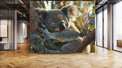   A koala rests its head on a branch with eyes closed in a tree Wall mural