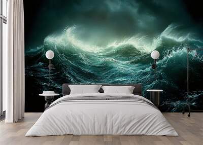  A large painting depicts water's surface, filled with towering waves rising from below Wall mural