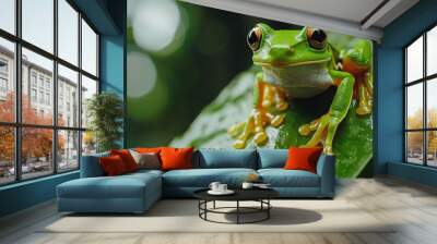   A macro of a frog perched on a leaf, with water droplets glistening on its back legs and eyes Wall mural