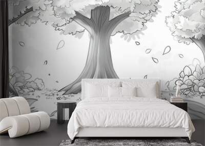   A monochrome depiction of two trees in a woodland setting with foliage and flora adorning the ground, and one tree displaying both leaves and blossoms on Wall mural