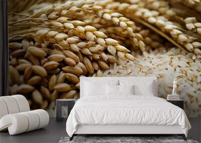   A mound of white rice sits beside a cluster of golden wheat stalks atop a bed of white rice Wall mural