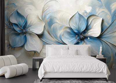   A painting depicts two blue and white flowers against a white and gray backdrop, featuring swirling light blue petal details Wall mural