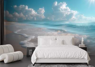  a painting of a beach with waves coming in to the shore and a blue sky with white clouds in the background. Wall mural