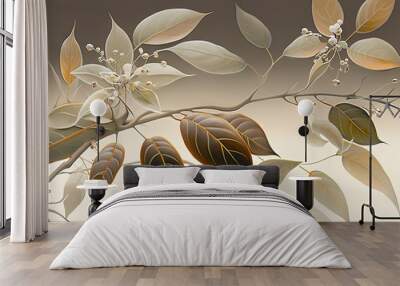  a painting of a branch with leaves and flowers on a white background with a brown background and a light brown background with white flowers and green leaves.  generative ai Wall mural