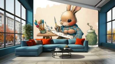  a painting of a bunny holding a knife and scissors in his hand.  generative ai Wall mural