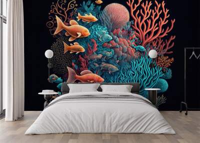  a painting of a coral reef with fish and corals on a black background with a gold border around the edges of the image is a goldfish and corals.  generative ai Wall mural