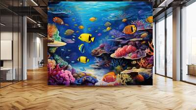  a painting of a coral reef with yellow and orange fish.  generative ai Wall mural