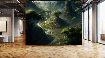  a painting of a fantasy landscape with a river running through it and a bridge in the middle of the forest with a bridge in the middle of it.  generative ai Wall mural