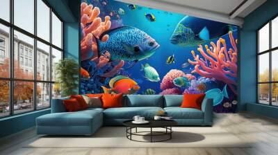  a painting of a group of fish swimming in a coral reef with corals and sponges on the bottom of the water and a blue background. Generative AI Wall mural