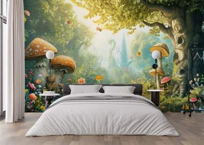  a painting of a group of mushrooms in a forest with a butterfly flying over the top of the mushroom, and a tree in the middle of the foreground. Wall mural